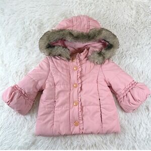 Juicy Couture Infant Pink Puffer Jacket Faux Fur Hood Coat Size 6–12 Months Cute